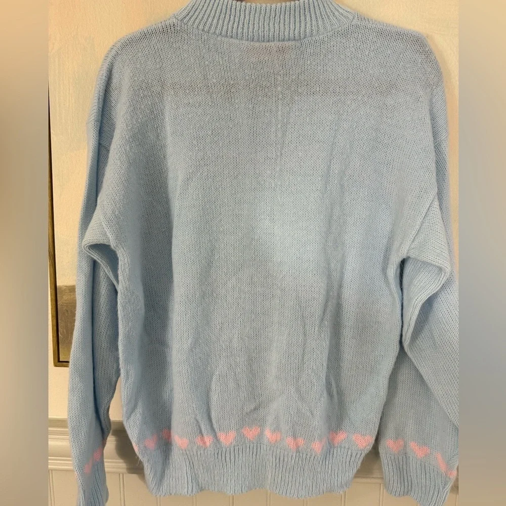 VINTAGE Acrylic Teddy Bear Hearts Sweater Baby Blue Pink Crewneck Size Medium - Picture 5 of 5